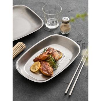 菜盤304不銹鋼長方形餐盤食品級輕食沙拉盤家用復古西餐意麵盤子