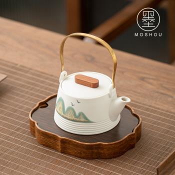 日式手繪遠山帶過濾白陶側把提梁泡茶壺單壺陶瓷功夫茶具泡茶器