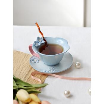 韓式少女ins釉下彩手繪櫻花瓣杯浮雕立體下午茶咖啡杯碟套裝禮物