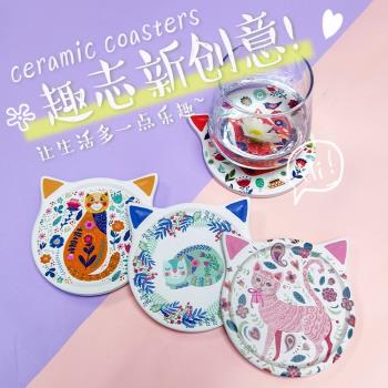 森系貓咪杯墊套裝陶瓷吸水防燙墊耐高溫墊子酒吧隔熱墊家用軟木墊
