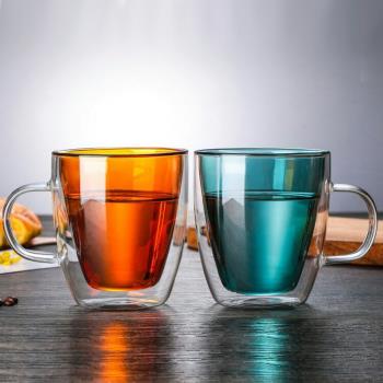 彩色雙層帶把花茶透明隔熱咖啡杯