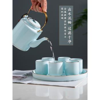 景德鎮功夫茶具套裝家用大容量青瓷提梁壺泡茶杯茶盤陶瓷托盤茶壺