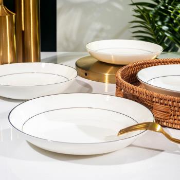 陶瓷菜盤子深盤8英寸湯盤家用骨瓷金邊碟中式餐盤個性餐盤圓形