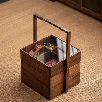 胡桃木堅果盤中式戶外糕點收納盒手提式干果盒茶盒實木提茶點糖盒