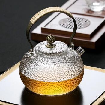日式提梁壺耐熱玻璃煮泡花茶壺錘目紋養生水壺茶具耐高溫手工加厚