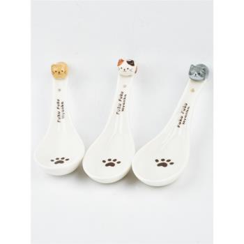 日式貓咪立體可愛陶瓷勺子趴貓創意兒童勺子卡通貓爪長柄勺子陶瓷