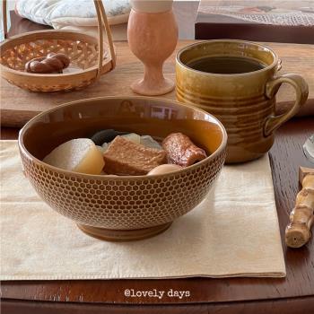 lovely days 復古棕浮雕蜂蜜色陶瓷釉下彩家用一人食面碗馬克杯