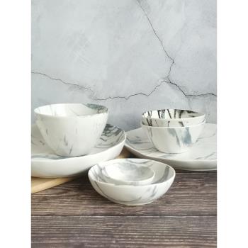 北歐大理石餐具套裝碗盤家用高冷現代簡約陶瓷飯碗釉下彩味碟菜盤