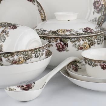 民生逐鹿陶瓷家用陶瓷飯碗金邊碗英倫玫瑰歐式餐具碗盤面碗大湯碗