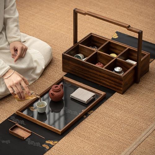 品瓷匯新中式胡桃木手提茶會食盒子便攜茶具點心收納箱帶蓋提梁盒|茶道