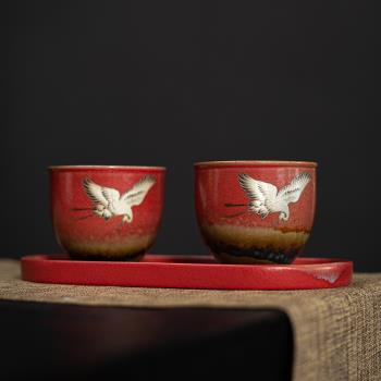 粗陶復古風宮墻紅瑞鶴呈祥情侶對杯套裝禮盒茶具陶瓷中式主人茶杯