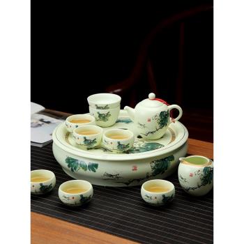功夫茶具套裝家用客廳整套陶瓷簡約辦公泡茶壺茶杯大托盤儲水茶盤