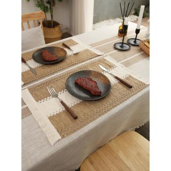 棉麻餐墊復古雙色編織流蘇隔熱墊餐桌墊高級感小眾碗盤桌墊西餐墊