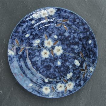 日本進口陶瓷餐具 日式和風藍繪變櫻花三輪深盤湯菜盤子釉下彩