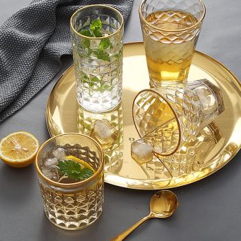 家用金邊玻璃杯 浮雕果汁杯 ins風牛奶杯威士忌玻璃杯水杯