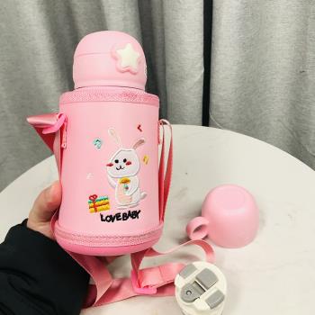 雙蓋兩用兒童吸管保溫杯不銹鋼學生女寶寶幼兒園可愛水壺500ML