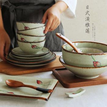 日式釉下彩復古創意陶瓷餐具家用圓盤子菜盤魚盤吃飯飯碗湯碗面碗