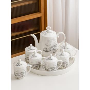中式大容量茶壺茶杯整套茶具套裝陶瓷家用防燙功夫茶具復古帶蓋杯