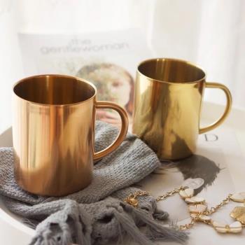 不銹鋼304鍍銅馬克杯雙層隔熱帶手柄金色咖啡杯收納