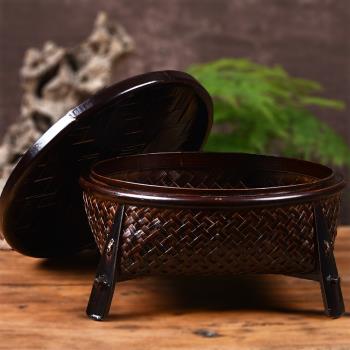 竹編席面茶具收納盒 禪意日式仿古收納竹盒 中式帶蓋茶杯收納筐