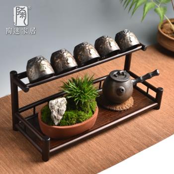 楠竹杯架現代簡約博古架雙層置物架紫砂壺展示架茶杯瀝水架收納架