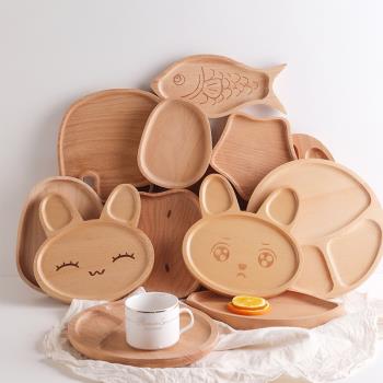 實木餐盤兒童分卡通飯盤中式隔餐盤木質寶寶輔食家用可愛兒童小盤