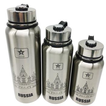 俄羅斯新款304不銹鋼真空保溫杯白鋼粗壺城堡圖案保溫超長保溫杯