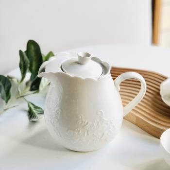 ins歐式浮雕家用客廳茶壺陶瓷白瓷泡茶壺茶具花茶壺套裝