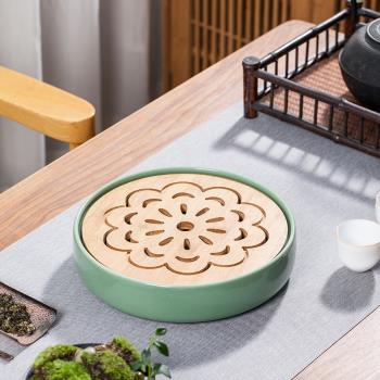 日式家用儲水茶托盤 圓形簡約迷你陶瓷干泡竹制小茶臺石磨大茶盤