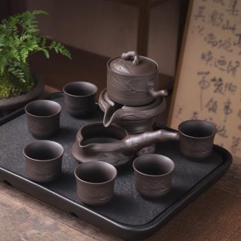 紫砂節節高升自動茶具套裝 家用整套懶人石磨自動茶具茶壺茶杯組