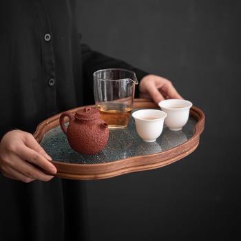 竹制海棠花玻璃托盤小型茶盤中式家用簡約茶點盤茶具杯子收納餐盤
