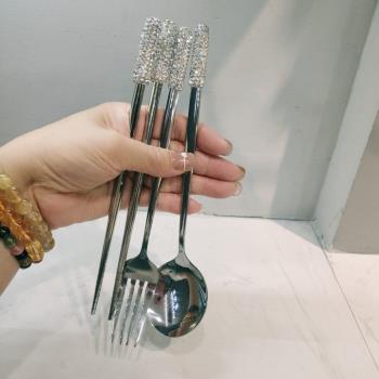 高顏值套裝成人便攜式餐具不銹鋼鑲水鉆家用三件套勺子叉子筷子新