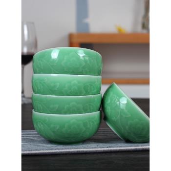 龍泉青瓷碗單個浮雕牡丹微波爐餐具創意陶瓷碗中日韓式家用吃飯碗