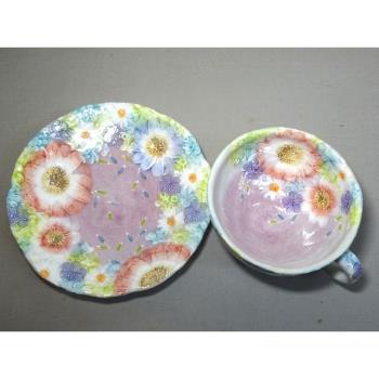 現貨日本瀨戶燒繁花花朵手繪櫻花馬克杯咖啡杯碟紅茶杯套裝紫京花