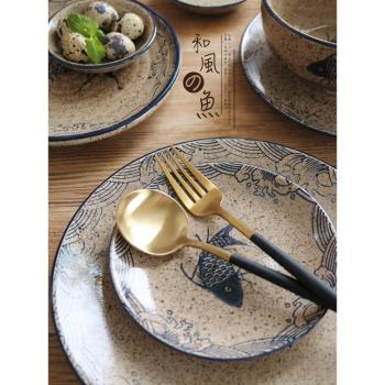 日式釉下彩手繪和風餐具陶瓷圓盤子菜盤味碟家用壽司盤飯碗湯面碗