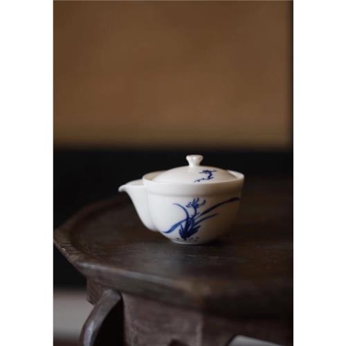 日本回流昭和年代手繪急需 青花白瓷全手繪竹圖 茶道工夫茶泡茶器