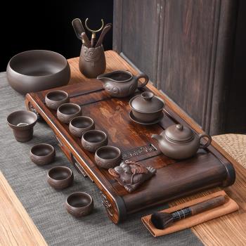 家用小戶型胡桃色排水茶盤茶具套裝 紫砂功夫茶具茶盤現代簡約