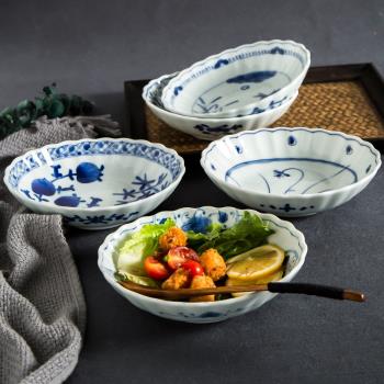 日本進口陶瓷餐具藍凜堂橢圓花型菜碗日式和風家用飯碗面碗沙拉碗