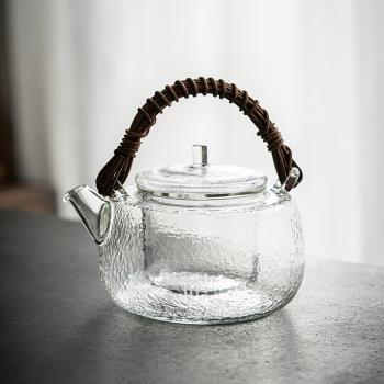 藤編玻璃提梁壺 日式玻璃煮茶壺內膽泡茶燒水壺電陶爐煮茶花茶壺