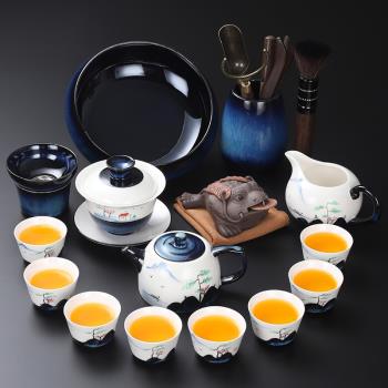 手繪曜變茶具套裝 家用個性白瓷功夫茶壺蓋碗茶杯天目釉茶具組合
