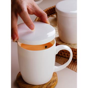 白色陶瓷水杯子馬克杯帶蓋牛奶杯咖啡杯辦公杯帶把骨瓷茶杯簡約