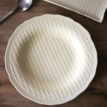 W1962歐洲單純色創意奶黃色編織紋冬季毛線衫意面深盤/西餐盤方盤