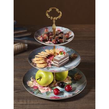 古典玫瑰歐式下午茶三層點心盤客廳奢華骨瓷蛋糕盤糕點雙層水果盤