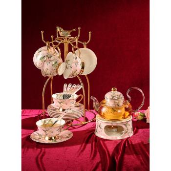 英式骨瓷下午茶茶具輕奢玻璃煮水果花茶壺帶過濾茶杯套裝蠟燭加熱