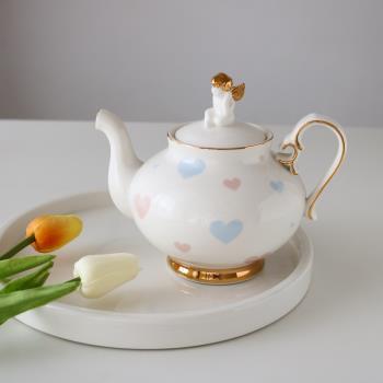 W1962出口歐洲陶瓷鍍金小天使浮雕愛心可愛茶壺/金色立體天使茶壺