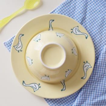 米間 大白鵝盤子碗餐具套裝出口韓國ins手繪陶瓷平盤