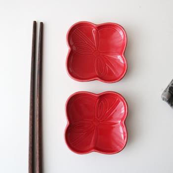 W1962出口歐洲高溫陶瓷紅色蝴蝶結梅花造型喜慶節日款調味碟/碟子