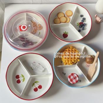 ins分格餐盤家用陶瓷加深帶蓋減脂定量分餐碗分隔盤水果盤便當盒