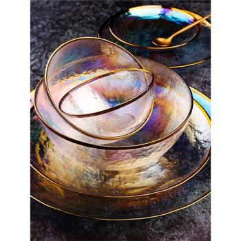 金邊錘紋彩虹玻璃碗精致家用餐具炫彩西餐盤ins菜盤牛排盤沙拉碗