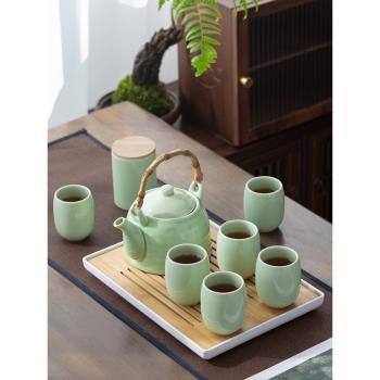 中式茶具套裝家用陶瓷大號現代簡約青瓷茶壺茶杯綠花茶提梁泡茶壺